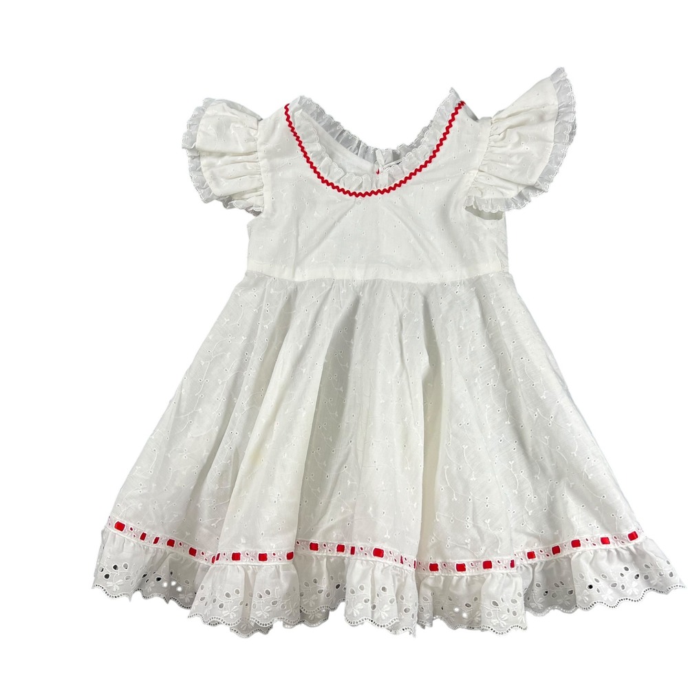 Vintage‎ Handmade Eyelet Dress Red Rickrack Trim Toddler 2T 3T Cottagecore